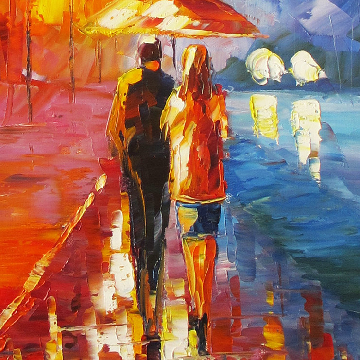 Romantic Painting "lovers walk on the side of the lake" Palette Knife painting - Click Image to Close